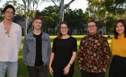 UQ Westpac Asian Exchange Scholarship recipients, from left, David Nyeste, Vincent Singer, Sunny van der Berg, Lachlan Walters and Hai Xia Wang-Pole.